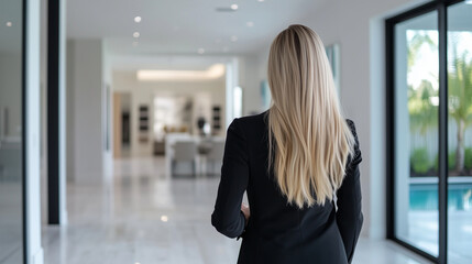Fototapeta premium Inside a high-end, contemporary home with elegant finishes, a confident European real estate agent radiates professionalism as she guides potential buyers through the luxurious spa