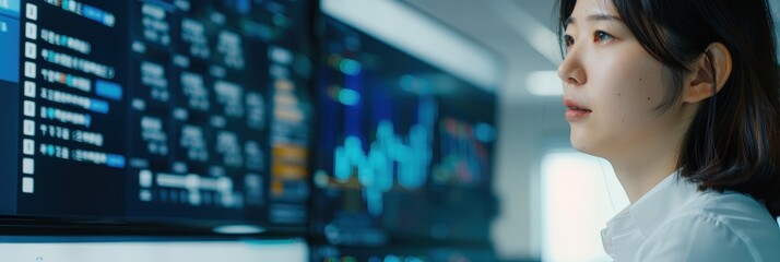 Focused woman analyzing financial and data metrics on multiple computer screens, reviewing graphs and real-time statistics in a modern office.