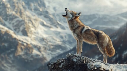  Wolf on mountaintop amidst snowy landscape, gazing at sky