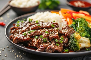 Fototapeta premium A plate of savory beef teriyaki with steamed rice and vegetables, garnished with sesame seeds. Copy space
