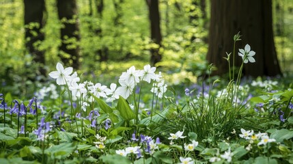 A woodland scene with clusters of delicate wildflowers, including bluebells and trilliums.