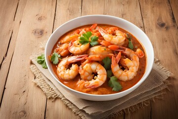 Prawns curry in a white bowl.