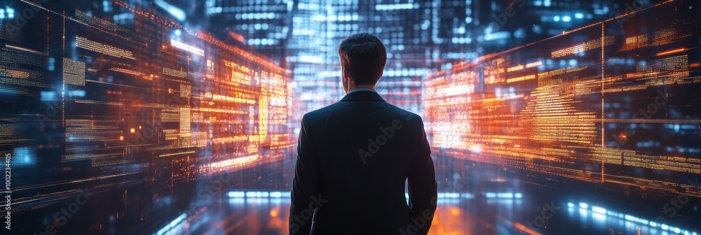 Poster cybersecurity expert navigates a virtual data landscape filled with encrypted codes and firewalls in