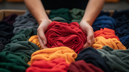 Volunteer hands hold a large box of clothing, filled with vibrant reds, greens, and yellows, representing the caring nature of community contributions to those in need.