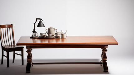 Wooden Table with Chair and Tea Set on White Background