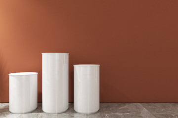 3d render of minimal design wall mock up terracotta color with podium product, gray marble floor and white ceiling. Set 8