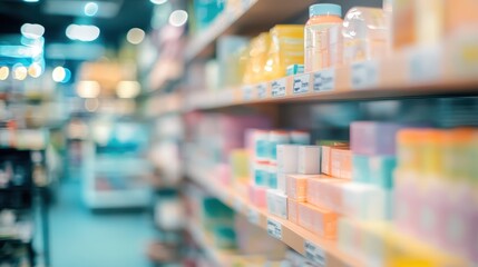 A blurred view of a shelf stocked with various cosmetic and skincare products.