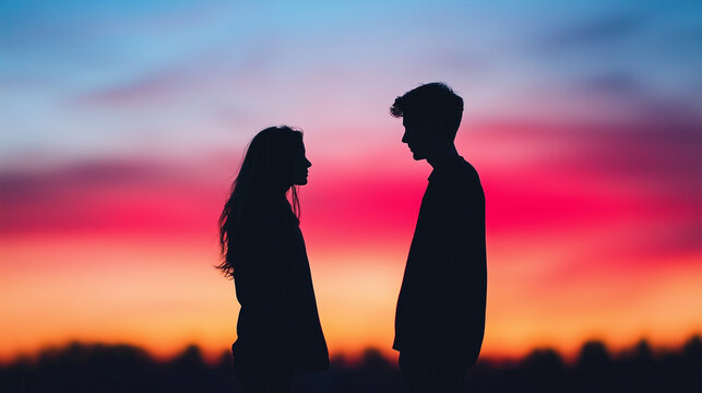 Set against a dramatic sunset, the silhouettes of a couple turn away from each other, their separation underscored by the fading warmth of the light, reflecting the end of their re