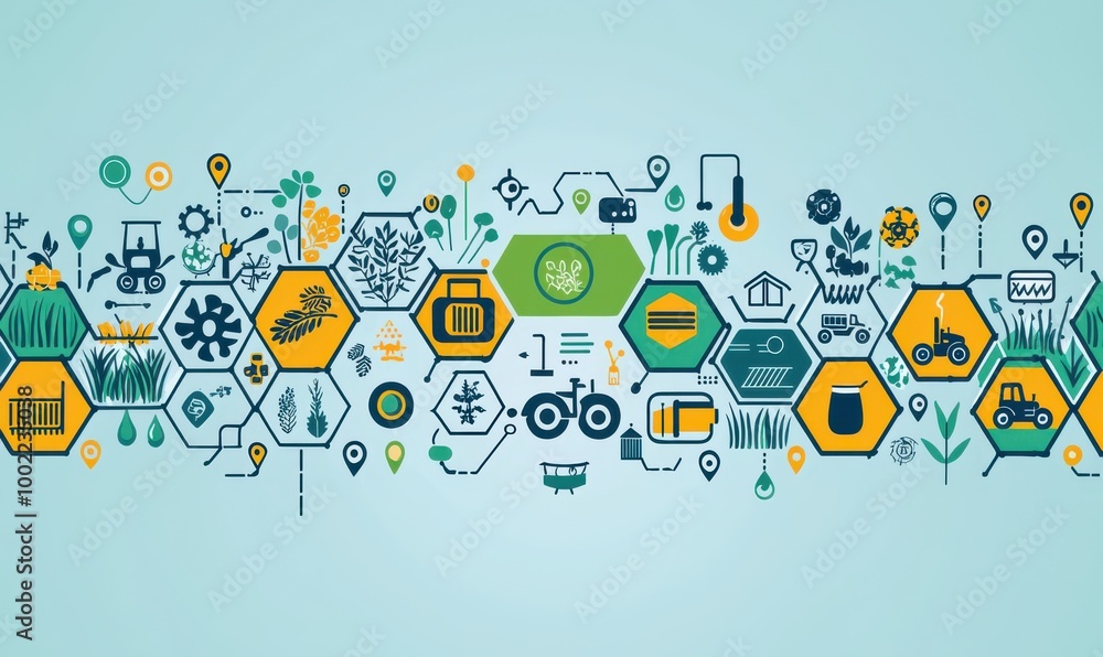Poster hexagonal pattern with icons of agriculture and technology concepts in a modern illustrative design