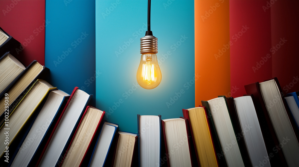 Poster a modern, sleek light bulb illuminates a circle of neatly stacked books, each in a different color, 