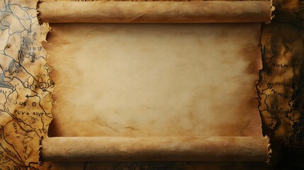 Rolled up treasure map with an empty, blank parchment surface, map template