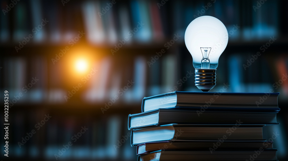 Poster an energy-efficient led bulb sits at the center of a circular arrangement of modern textbooks, its c
