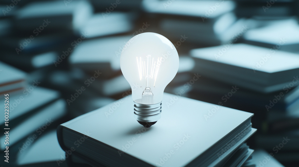 Poster an energy-efficient led bulb sits at the center of a circular arrangement of modern textbooks, its c