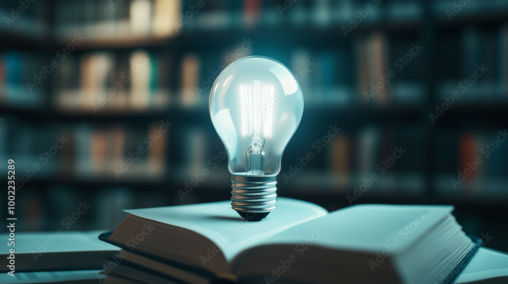 Poster an energy-efficient led bulb sits at the center of a circular arrangement of modern textbooks, its c