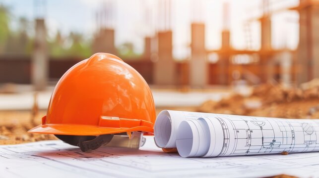 Close-up of an orange construction helmet and rolled blueprints placed on a table at a building site, symbolizing planning and construction management.