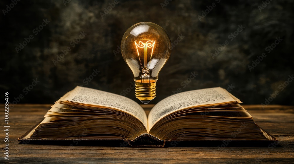 Poster a lightbulb over an open book, symbolizing the illumination and discovery of knowledge.