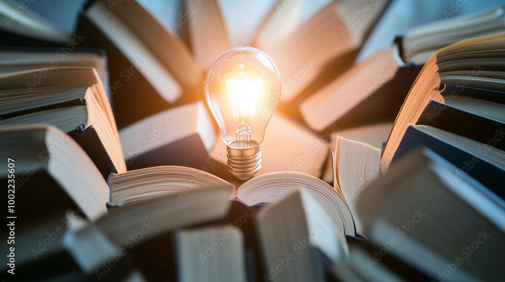 Aufkleber a bright light bulb sits at the core of a circular arrangement of open books, their pages flipping g