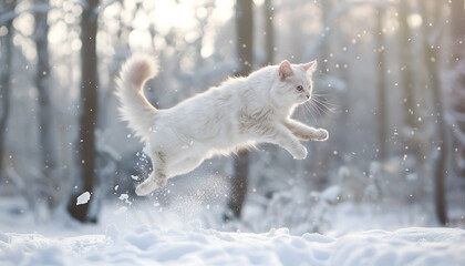 Obraz premium White cat jumping through freshly fallen snow in a winter forest. Concept of playful pets, winter wonderland, and snowy landscapes. Copy space