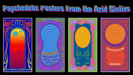 Psychedelic Poster  from the Acid Sixties. 1960s Hippie Music Style Colorful Placards, Vector Templates for Musical Posters, Covers, Invitations