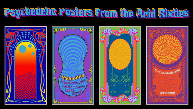 Psychedelic Poster  from the Acid Sixties. 1960s Hippie Music Style Colorful Placards, Vector Templates for Musical Posters, Covers, Invitations
