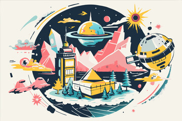 Surreal Space Adventure with Futuristic Cities and Planets Illustration