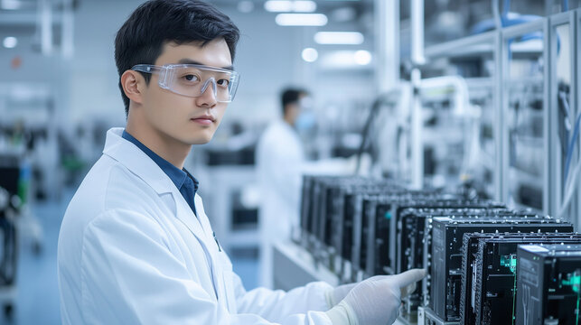 A focused Chinese engineer wearing a white lab coat and safety goggles, carefully inspecting EV battery cells, surrounded by high-tech machinery and electrical components in a bust