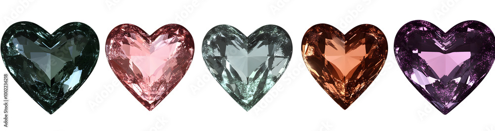 Poster set collection of beautiful realistic heart shape crystals in different colours isolated on transpar