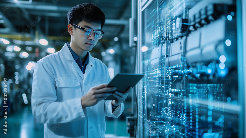 Poster in a state-of-the-art factory, a chinese engineer analyzes data on a tablet, standing beside an arra