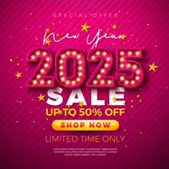 Happy New Year Sale 2025 Design with 3d Glowing Light Bulb Billboard Typography Lettering and Christmas Ornament on Red Background. Holiday Special Offer Campaign Discount Illustration for Coupon