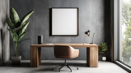 Fototapeta premium Mock up frame in a Scandinavian-inspired businessman's office with natural wooden desk and soft grey walls, 3D render 