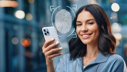Girl with smartphone using face ID . Biometric verification. 