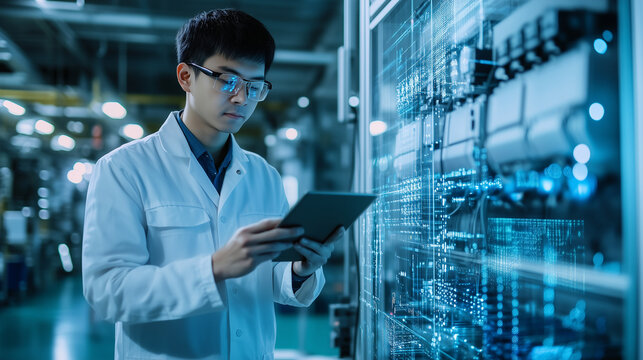 In a state-of-the-art factory, a Chinese engineer analyzes data on a tablet, standing beside an array of battery cells connected in an EV module, ready for the next stage of assemb