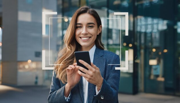 Girl with smartphone using face ID . Biometric verification. 