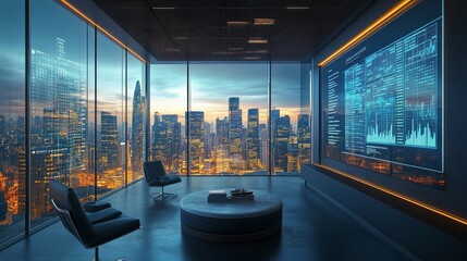 Fototapeta premium Modern office with panoramic city view at dusk, showcasing advanced technology and data analytics