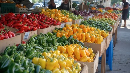 Obraz premium A dynamic market scene with vendors displaying their colorful bell peppers, inviting customers to explore the fresh produce available.