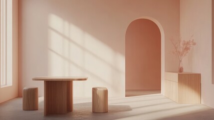 Fototapeta premium Mock up frame in a simple business office featuring natural wooden furniture and soft pink walls, completely, 3D render