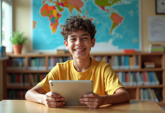 A boy in a yellow shirt is smiling and holding a tablet