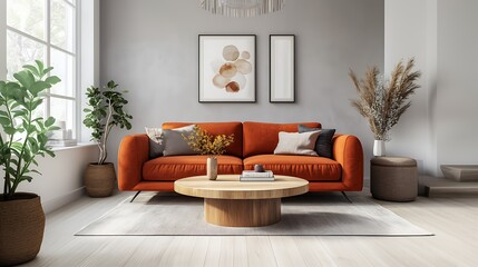 A cozy living room with a burnt orange loveseat and light gray walls, natural wood coffee table in the center.