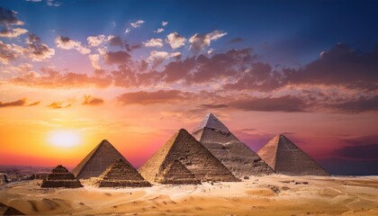 Giza Pyramid Complex at magnificent sunset - Cairo, Egypt 