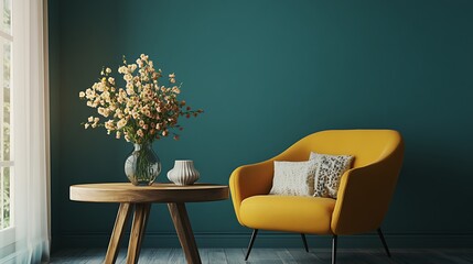 A cozy living room with a teal accent wall, a yellow armchair, and a wooden coffee table with a vase of fresh flowers.