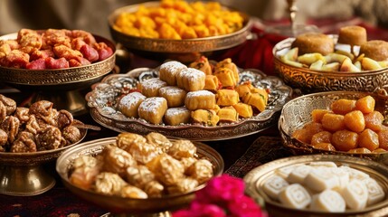 Obraz premium Traditional festival sweets from different cultures, displayed in ornate, luxurious bowls and plates.