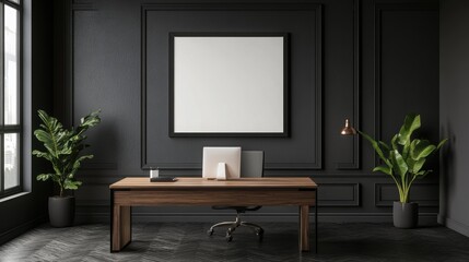 Mock up frame in a sleek, modern business office with no decorations, only a natural wooden desk and charcoal grey walls, 3D render 