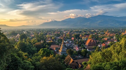 Obraz premium A panoramic view of Chiang Mai Old City, with its historic temples and ancient city walls.