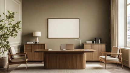 Mock up frame in a spacious, bare business office with pale olive walls and simple wooden furniture, no decorations, 3D render 