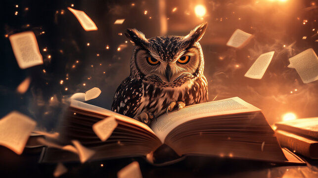 A regal owl, surrounded by scattered books, reads a large tome, illuminated by a soft pastel background with room for inspiring quotes about learning and wisdom.