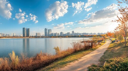 Obraz premium A panoramic view of the scenic Han River Park, popular for cycling and outdoor activities.