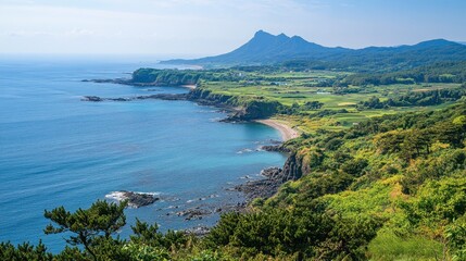 A panoramic view of the scenic Jeju Olle Trail, winding through picturesque coastal landscapes and lush greenery.