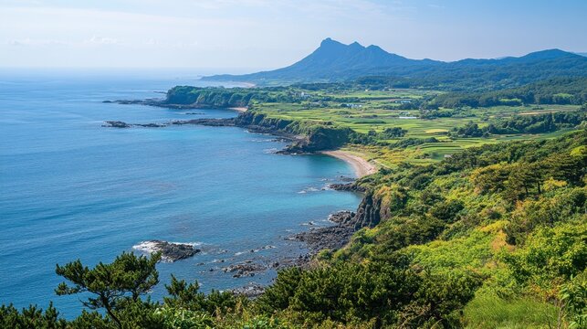 A panoramic view of the scenic Jeju Olle Trail, winding through picturesque coastal landscapes and lush greenery.