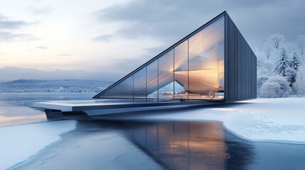 Fototapeta premium Modern Glass and Steel House on a Frozen Lake with Mountain Views