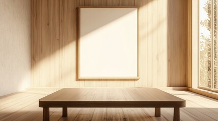Fototapeta premium Mock up frame in a spacious boardroom with only a wooden table and soft beige walls, 3D render 